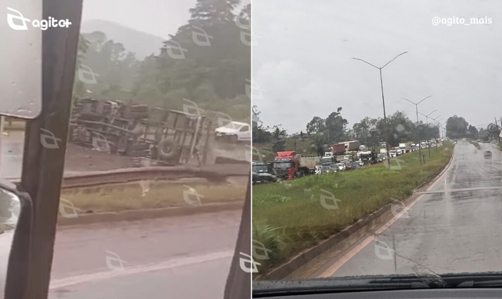 Acidente envolvendo caminhão e carro deixa motorista ferido e provoca 7 km de congestionamento. Foto = enviada de um internauta do Agito Mais.