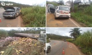 Colisão envolvendo caminhão e dois carros, um Volkswagen Polo e um Chevrolet Onix, deixa cinco vítimas; uma delas não resistiu aos ferimentos. Foto — reprodução redes sociais.