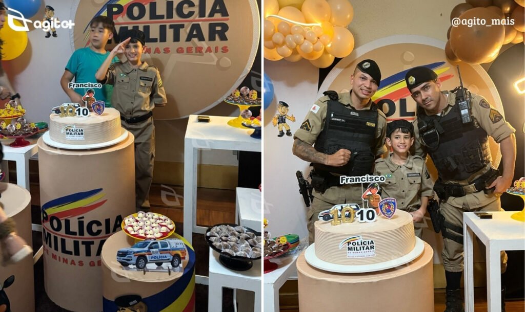 A avó e a mãe do menino organizaram a surpresa com apoio da Polícia Militar, tornando o aniversário de 10 anos um momento inesquecível no Centro de Ouro Preto. Foto — arquivo pessoal da família.