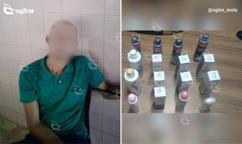 Homem foi abordado com mochila contendo 15 desodorantes e dois cremes furtados. Foto — Polícia Militar.