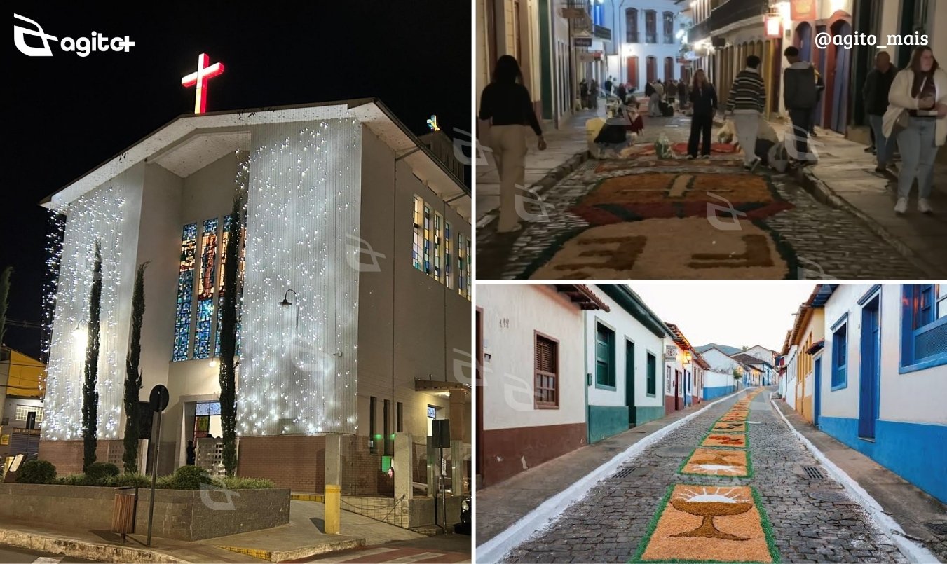 Tradição religiosa mobiliza milhares de fiéis em missas, procissões e tapetes em cidades mineiras. Fotos — Arquidiocese de Mariana/Ane Souz/Prefeitura de Sabará.