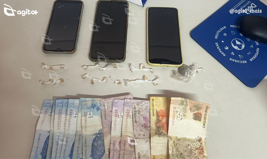 Suspeito foi localizado com celulares furtados, drogas e dinheiro em espécie, além de objeto semelhante a peça subtraída de praça pública. Foto — Guarda Municipal de Itabirito.
