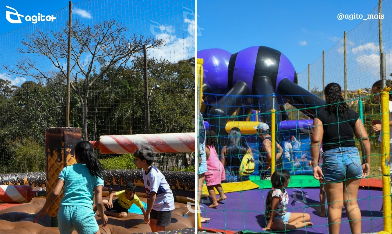 Evento realizado em itabirito reuniu famílias com brinquedos infláveis e distribuição de guloseimas. Foto — Prefeitura de Itabirito.