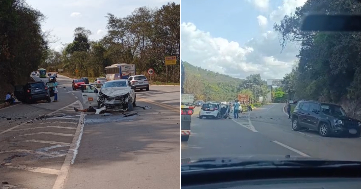 Sete pessoas são atendidas após colisão entre veículos no acesso 1 da BR-356, em Itabirito. Foto — reprodução grupos de WhatsApp.