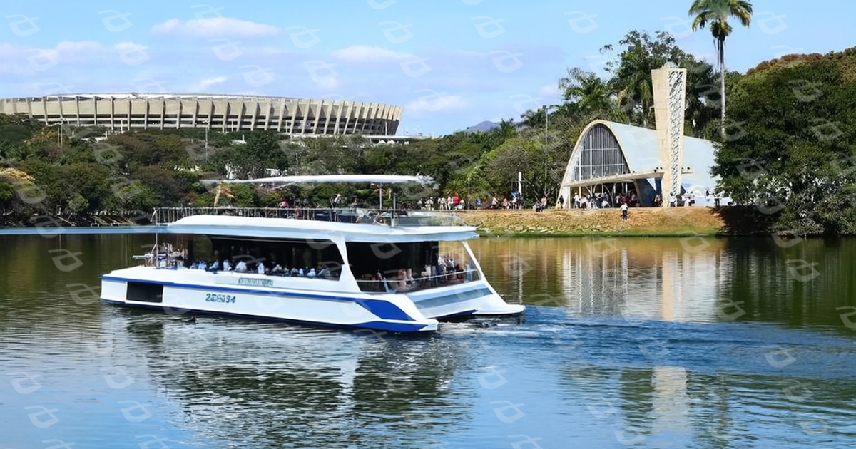 Catamarã com capacidade para 80 pessoas fará três passeios diários pelo espelho d’água. Foto — guia.melhoresdestinos/montagem Agito Mais.