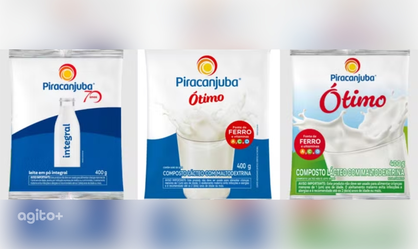 Imagem mostra, da esquerda para a direita, a embalagem do leite em pó integral, a versão anterior do composto lácteo — que motivou a aplicação da multa — e a nova apresentação do produto. — Foto: Reprodução/Piracanjuba.
