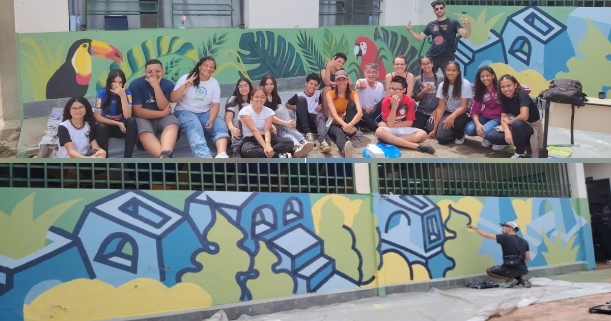 A atividade resultou na criação de um mural coletivo, expressando a criatividade dos alunos e fortalecendo o intercâmbio cultural por meio da arte. Foto — Prefeitura de Ouro Preto.