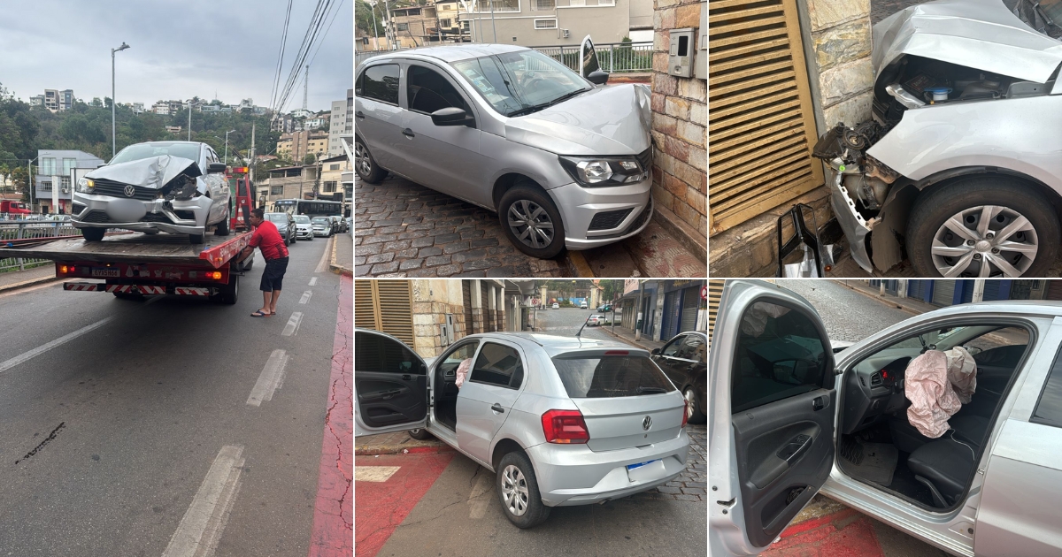 Veículo é encontrado danificado e sem condutor após forte impacto em loja no centro de Itabirito. Foto — Guarda Municipal de Itabirito.