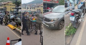 Acidente entre moto e SUV ocorreu no cruzamento das ruas Emídio Quites e Maria Bernardina; motociclista foi socorrido com dores na perna. Fotos — cedidas ao Agito Mais.