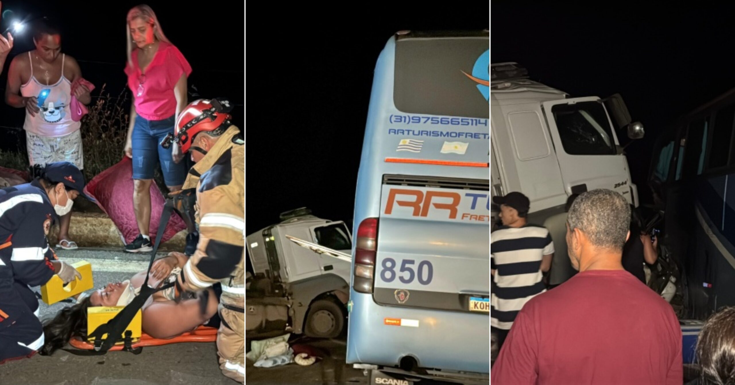 Colisão entre coletivo e carreta em Muriaé provoca morte do motorista e interdição da BR-356. Fotos — reprodução Portal Muriaé.