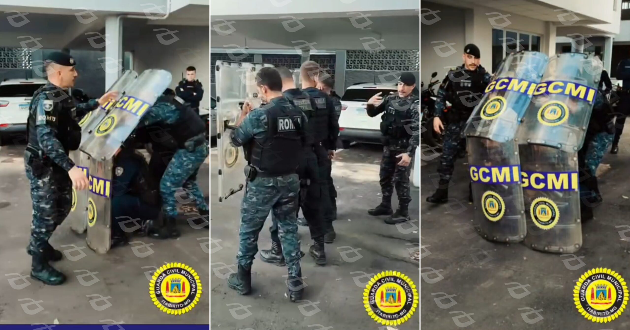 Agentes recebem instruções práticas de controle de distúrbios e uso de escudos em preparação para grandes aglomerações. Fotos — Guarda Municipal de Itabirito.