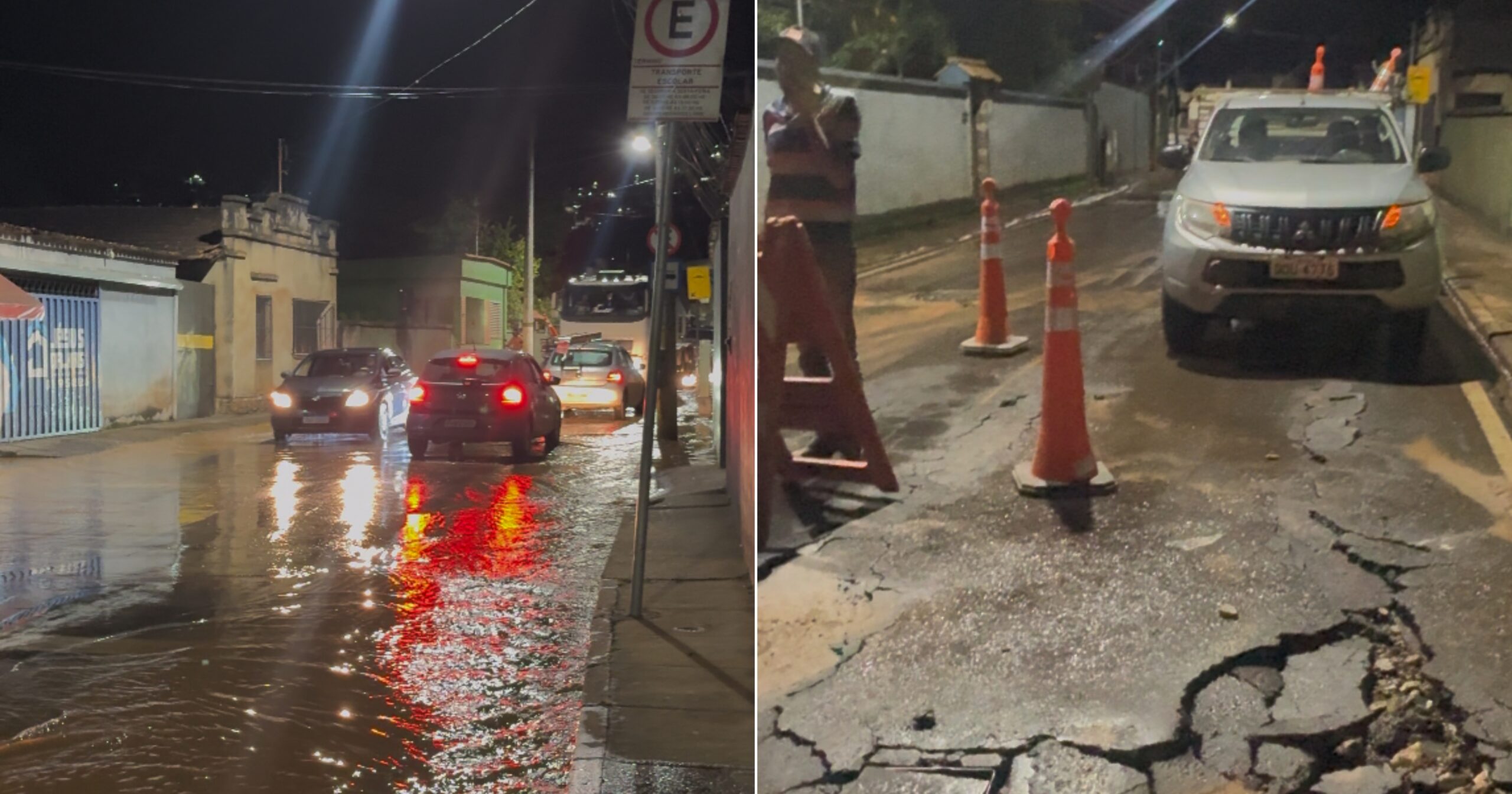 Rompimento de adutora alaga rua no bairro Santa Rita em Itabirito. Foto — print de vídeo / Hugo Avelino - Agito Mais.