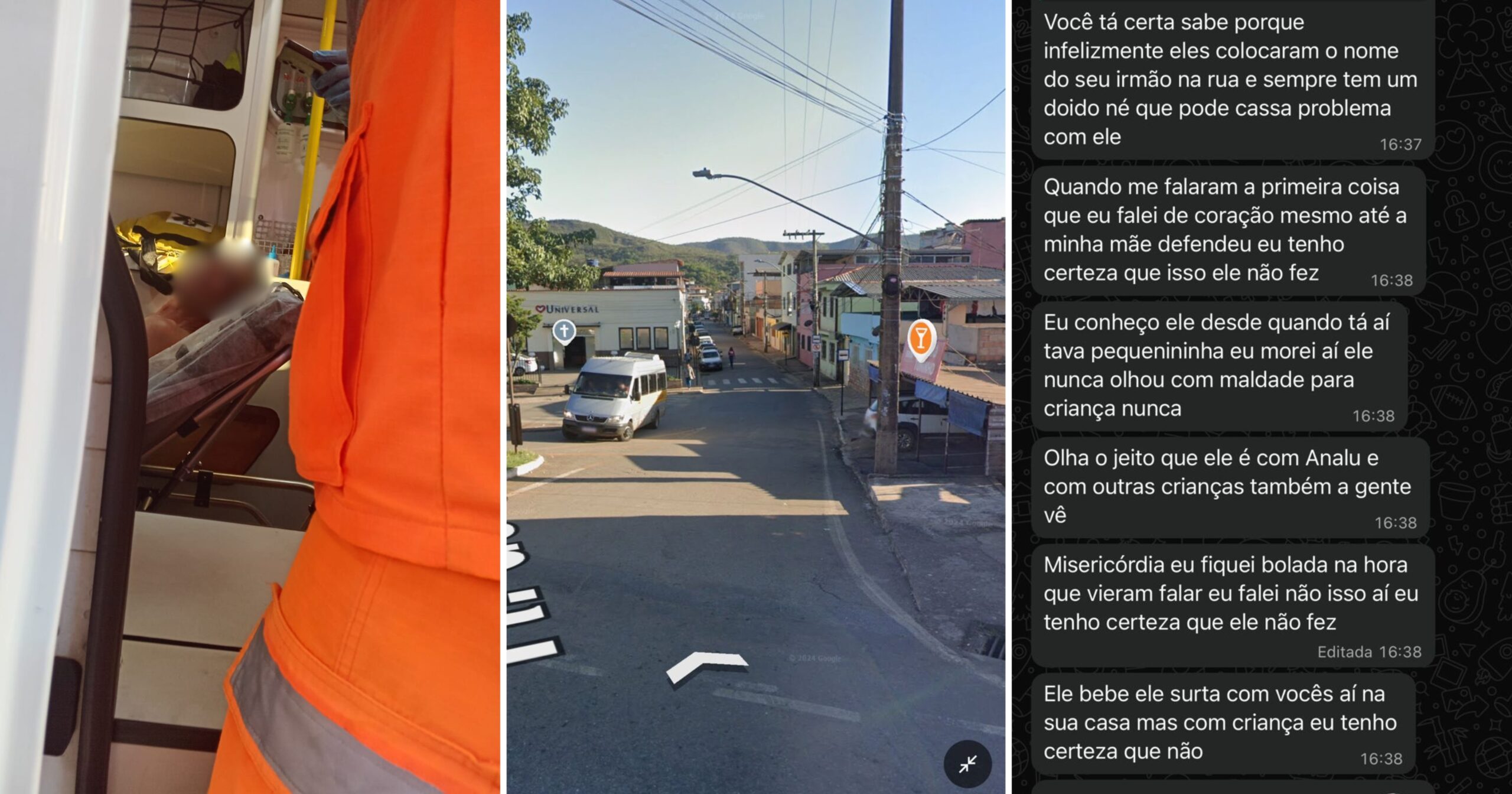Morador do bairro São Sebastião foi espancado após publicações em redes sociais que o acusavam injustamente de abuso contra uma criança, com fotos e mensagens espalhadas em grupos de WhatsApp. Fotos — arquivo pessoal / Google Maps.