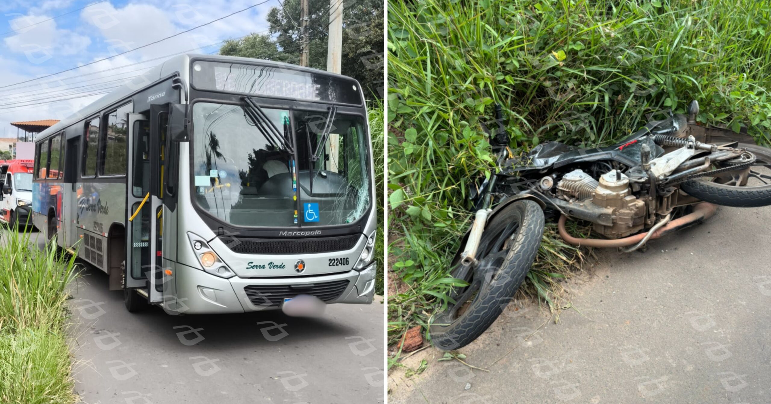 Acidente entre coletivo urbano e moto Titan Fan ocorreu por volta das 10h40 desta sexta-feira, na rua de bairro central da cidade. Foto — cedidas ao Agito Mais.