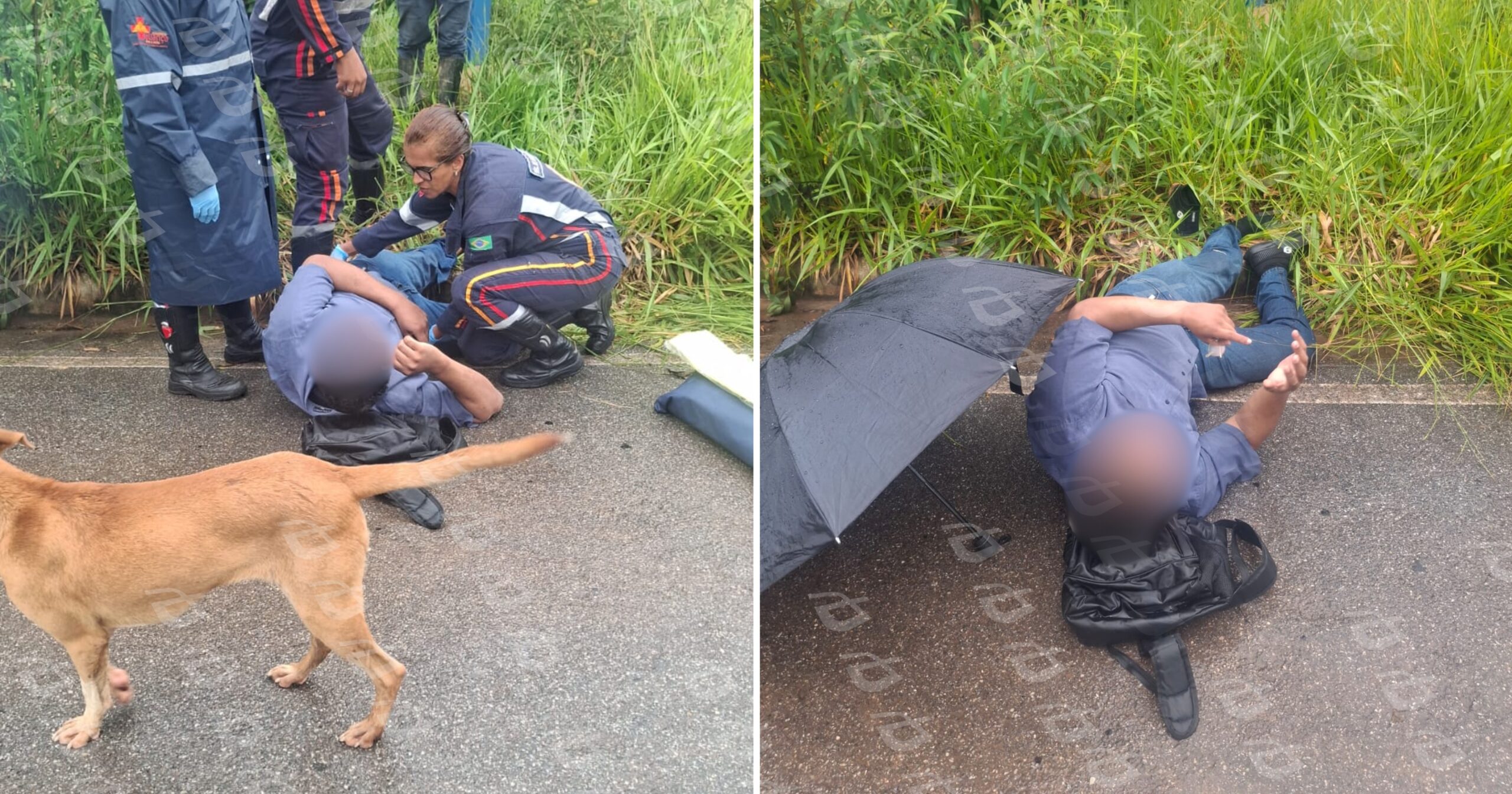 Agente aguardava ônibus na rua Ana Maria Teixeira quando ficou imóvel após a queda; SAMU realizou o atendimento. Fotos — cedidas ao Agito Mais.
