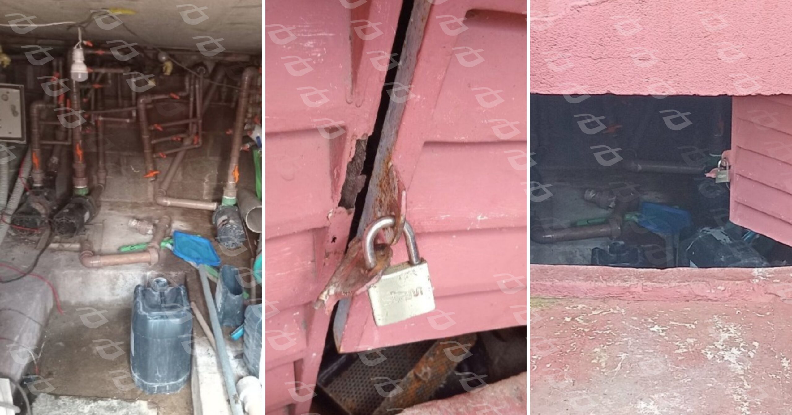 Equipamentos do chafariz da Praça Primeiro de Maio foram levados após arrombamento. Fotos — cedidas ao Agito Mais.