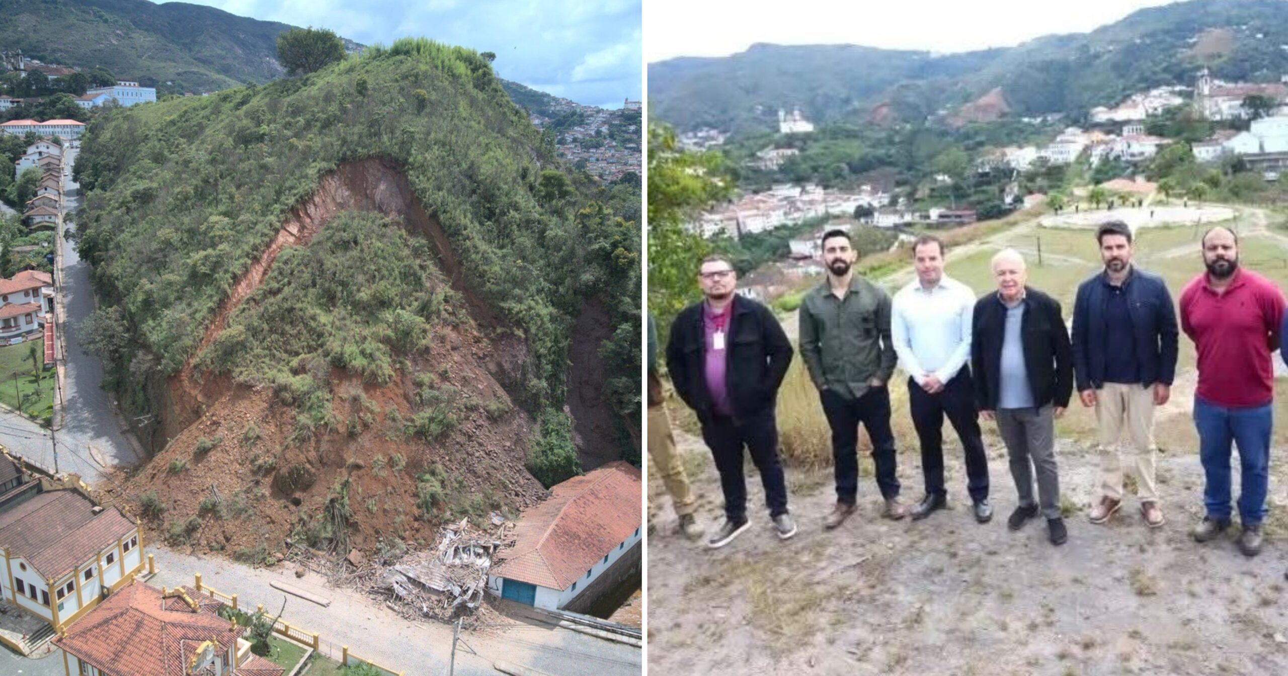 Edital publicado pela Seinfra prevê licitação eletrônica em 5 de maio para obras de contenção e segurança após deslizamento. Fotos — @wandreycristiano / Prefeitura de Ouro Preto.