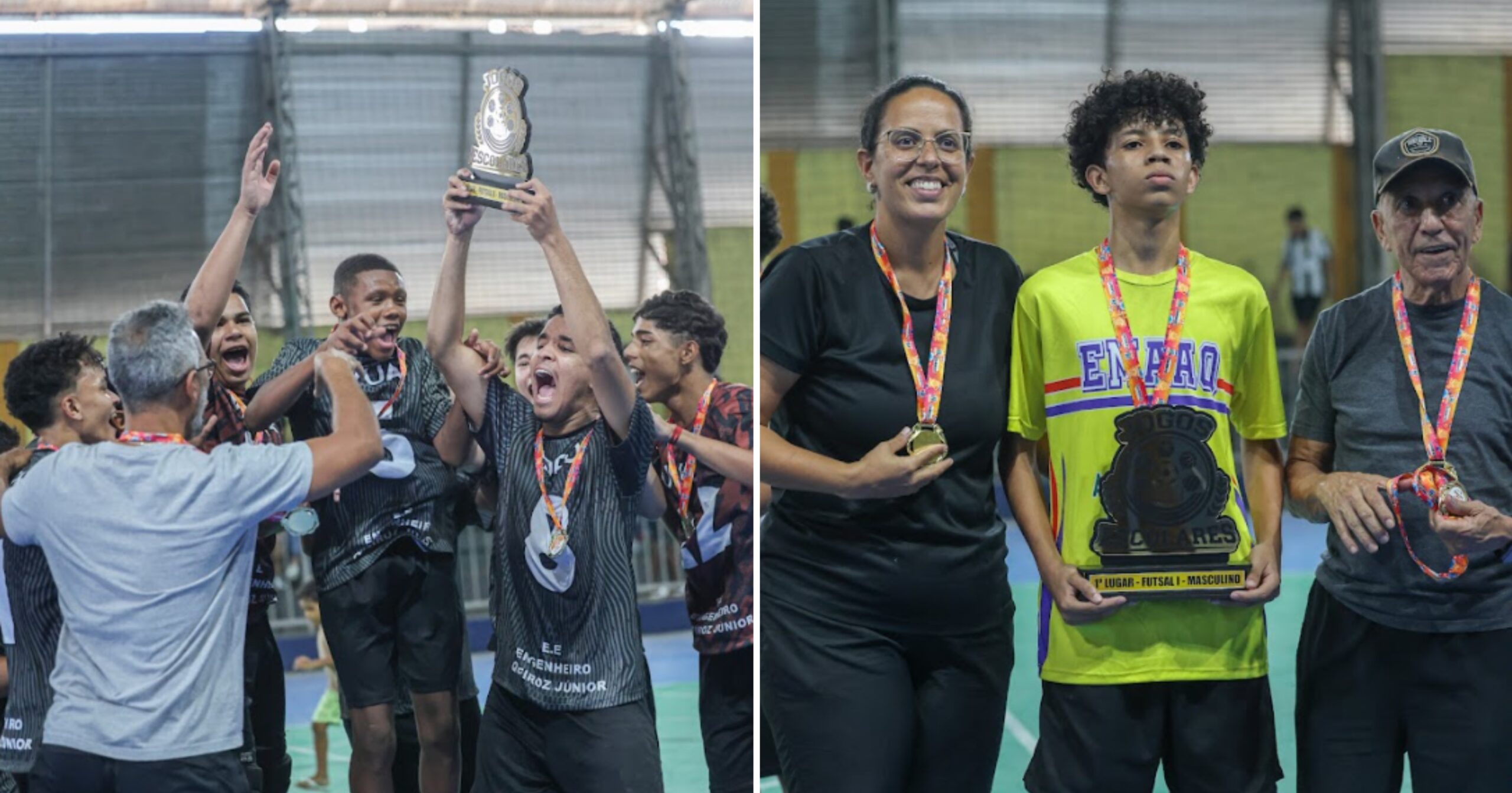 As finais do futsal dos Jogos Escolares de Minas Gerais 2026, realizadas em 30 de março, reuniram escolas municipais e estaduais em partidas com placares de 4 a 0. Clicks — Igor Góis.