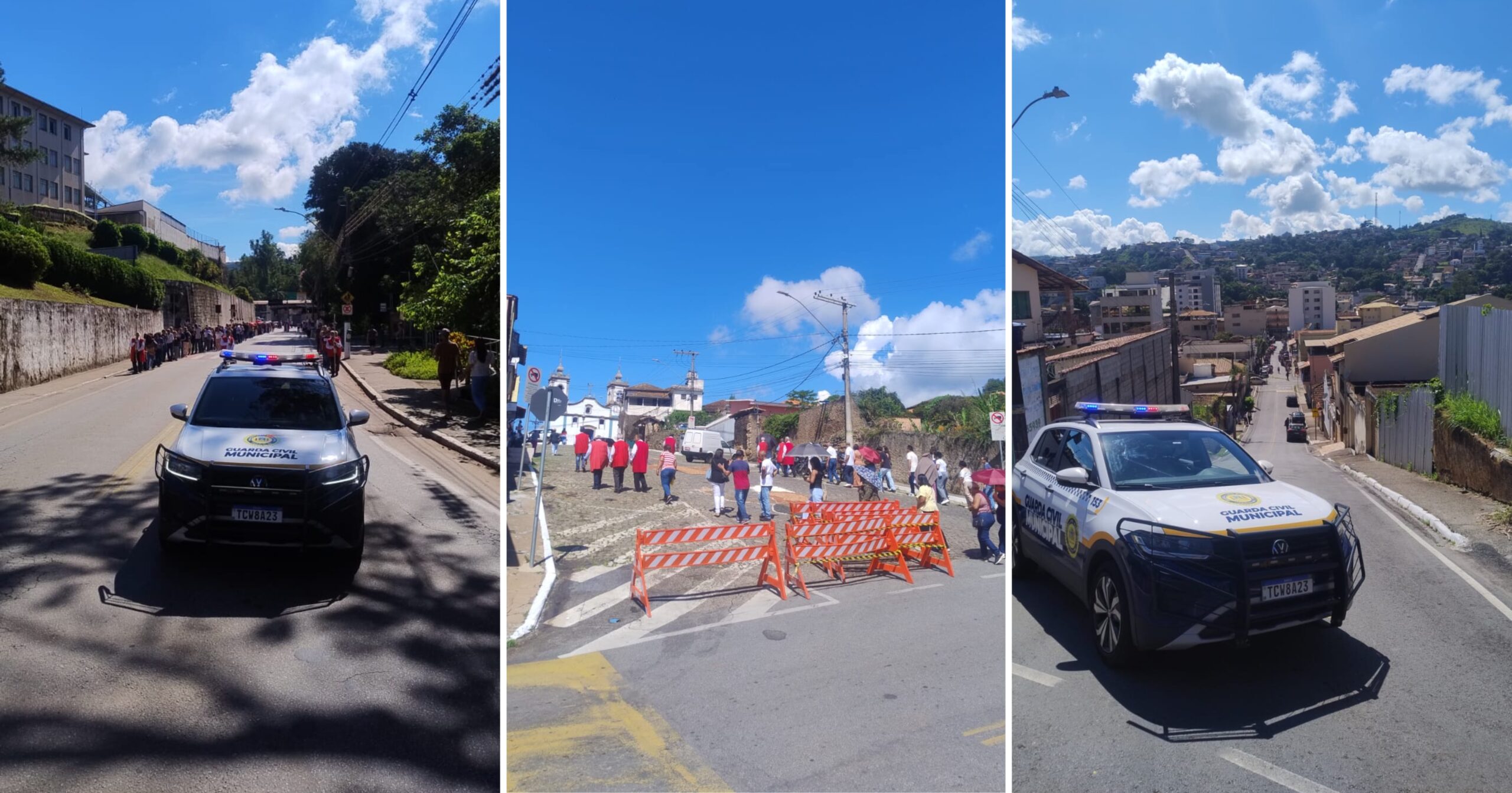 A Guarda Civil Municipal de Itabirito garantiu a segurança e organização de uma procissão religiosa neste domingo, com viaturas posicionadas estrategicamente para controlar o trânsito e proteger os fiéis. Fotos — Guarda Municipal de Itabirito.