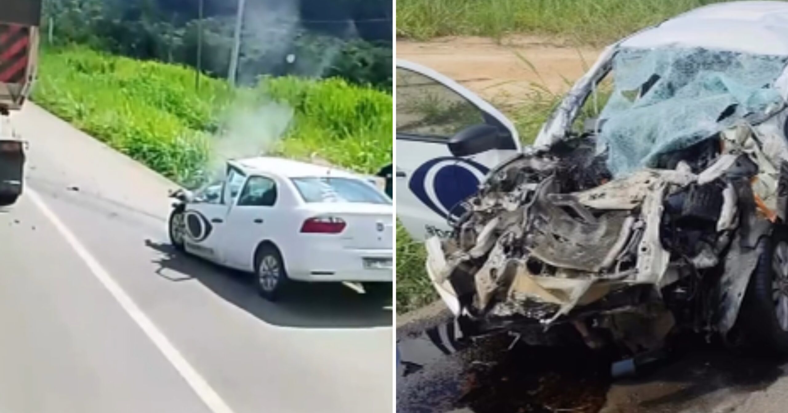 Colisão frontal entre carro da emissora e caminhão ocorreu no km 438, próximo ao pedágio em Sabará, sentido Belo Horizonte. Fotos — reprodução.