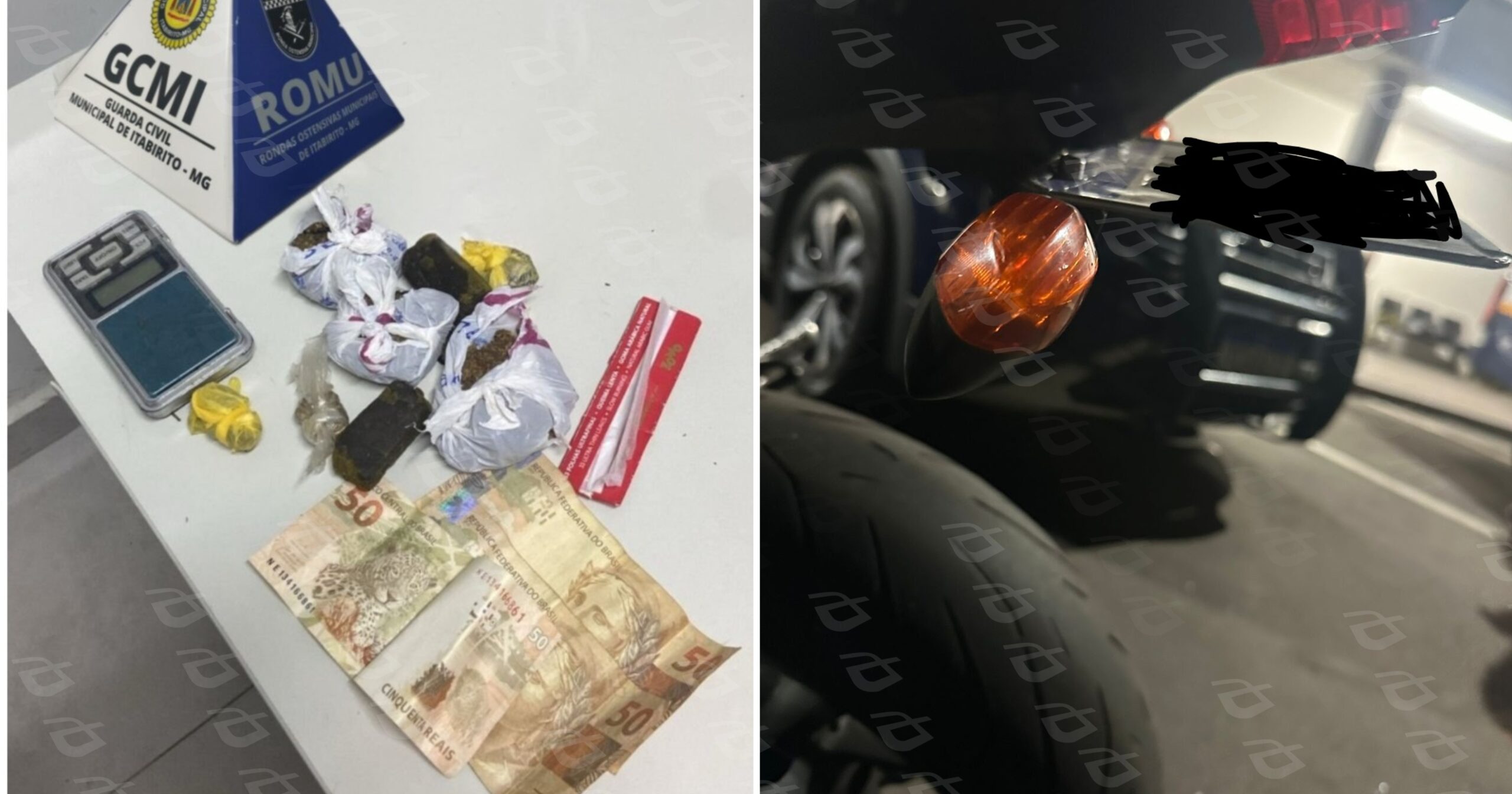Ação da ROMU em Itabirito interceptou motociclista com dispositivo irregular e localizou nove porções de maconha. Fotos — cedidas ao Agito Mais.