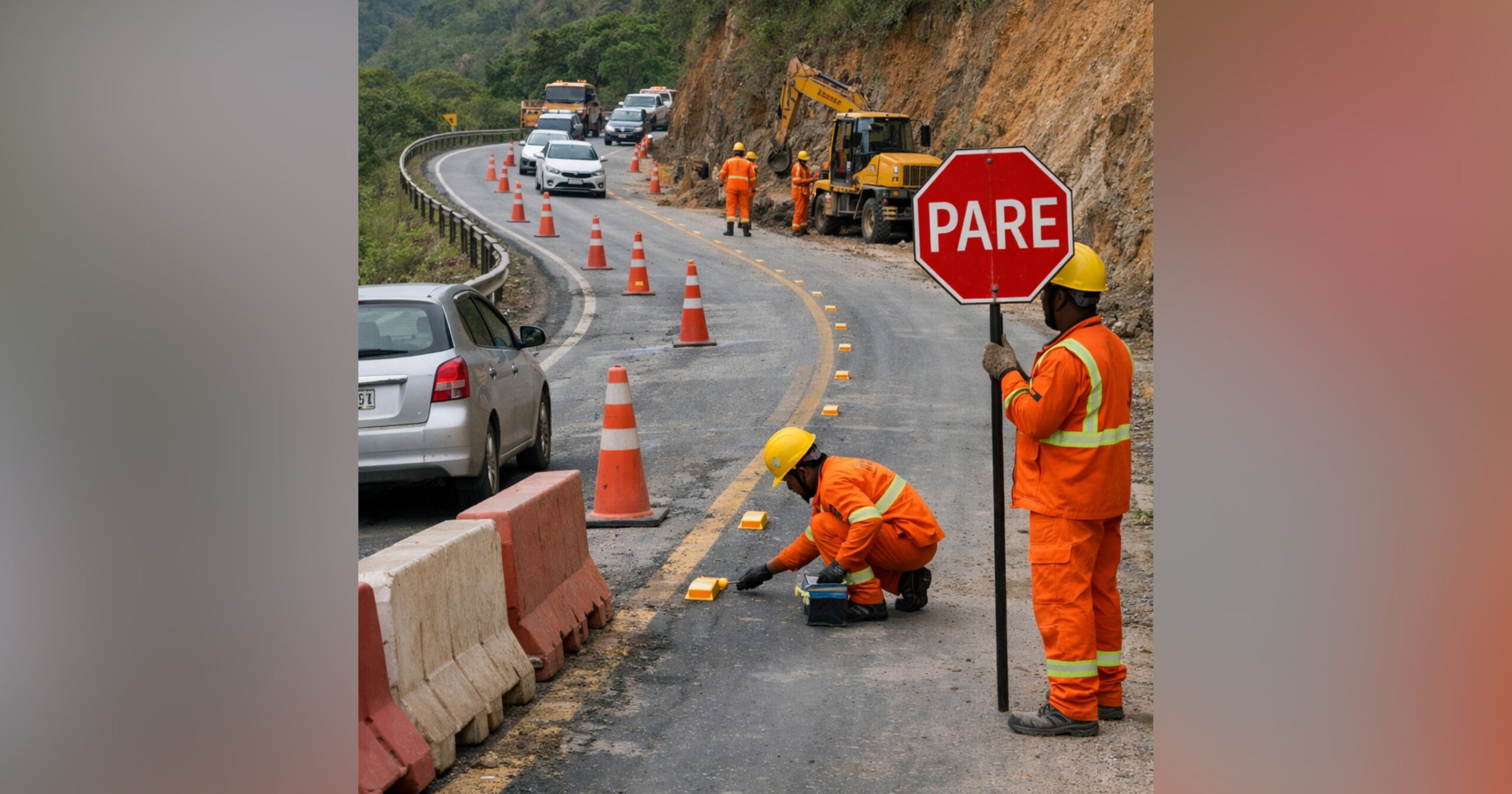 Intervenções em rodovias exigem atenção redobrada dos motoristas. Foto — meramente ilustrativa, gerada com IA.