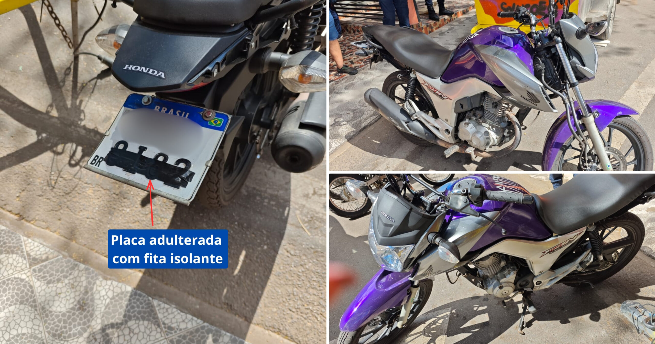 O motociclista foi detido pela Guarda Civil Municipal após ser flagrado com placa adulterada e não possuir habilitação. Fotos — Guarda Municipal de Itabirito.