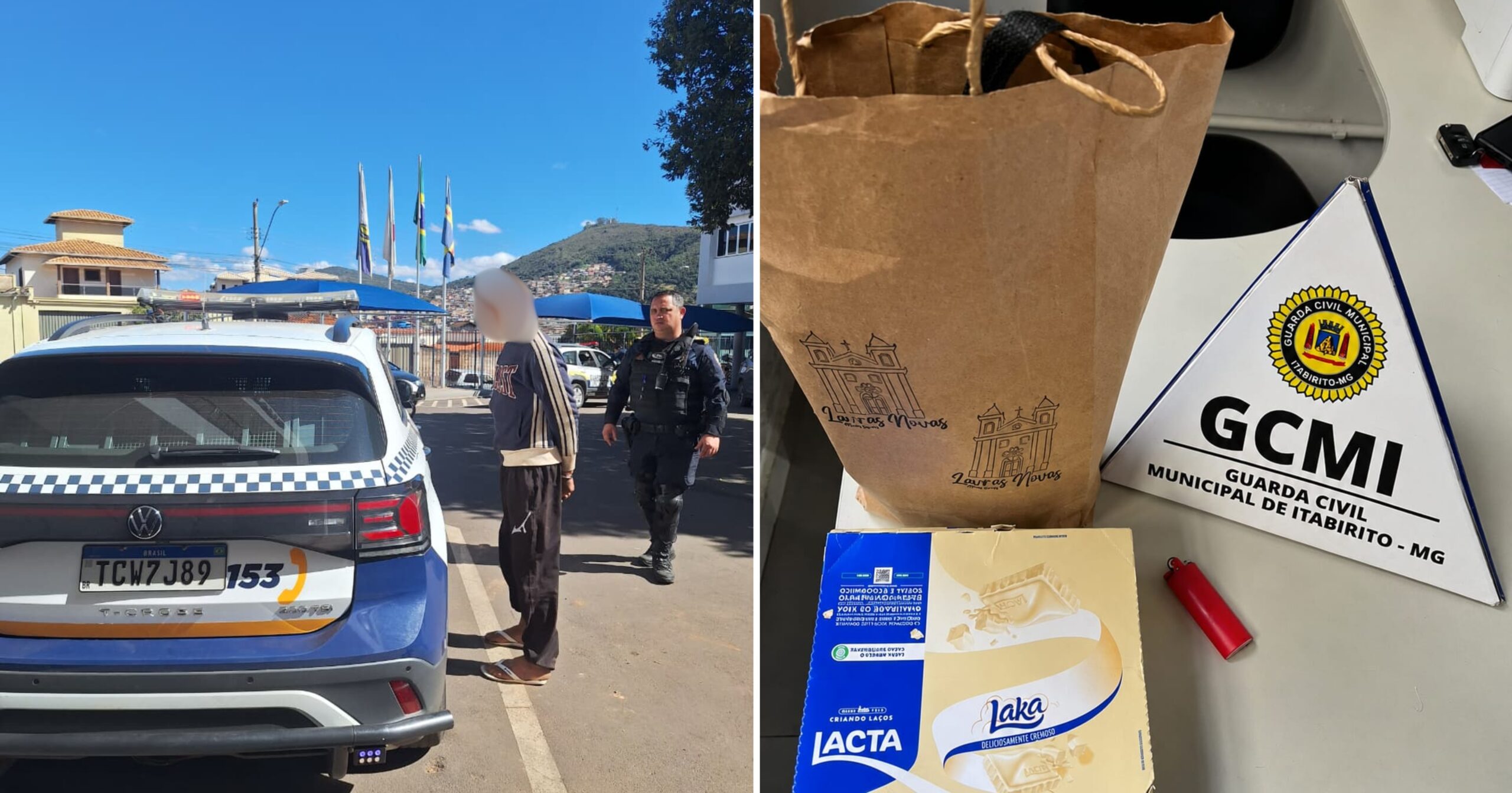 O suspeito foi encontrado com uma caixa de chocolates Lacta e outros produtos sem origem comprovada. Fotos — Guarda Municipal de Itabirito.