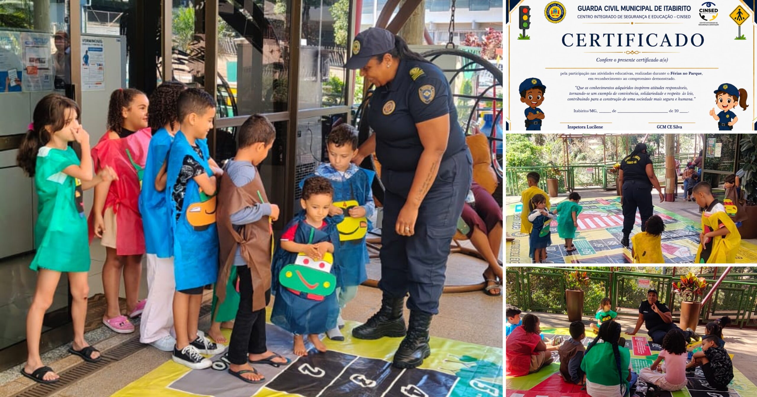 Durante o projeto Férias no Parque em Itabirito, crianças participaram de atividades práticas e divertidas sobre segurança viária e convivência social. Fotos — Guarda Municipal de Itabirito.