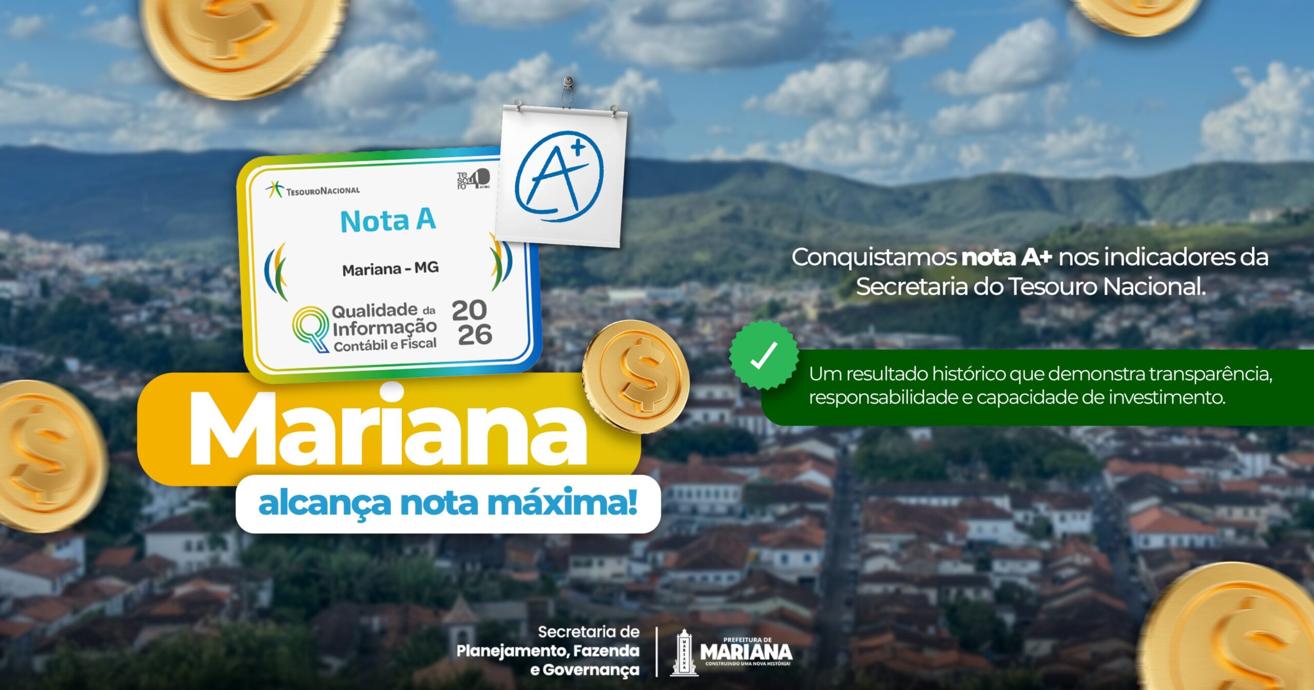 Município se destaca em transparência e capacidade de pagamento, consolidando posição entre os melhores do país. Foto — Prefeitura de Mariana.