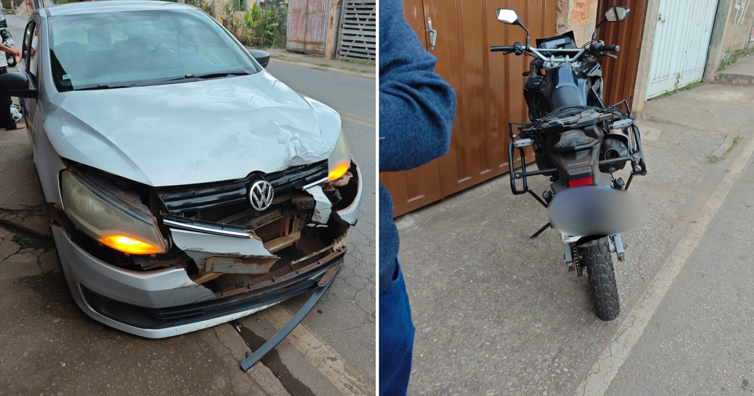 Colisão entre Gol e motocicleta provoca lesões e danos materiais na rua Dona Cristina. Foto — Guarda Municipal de Itabirito.