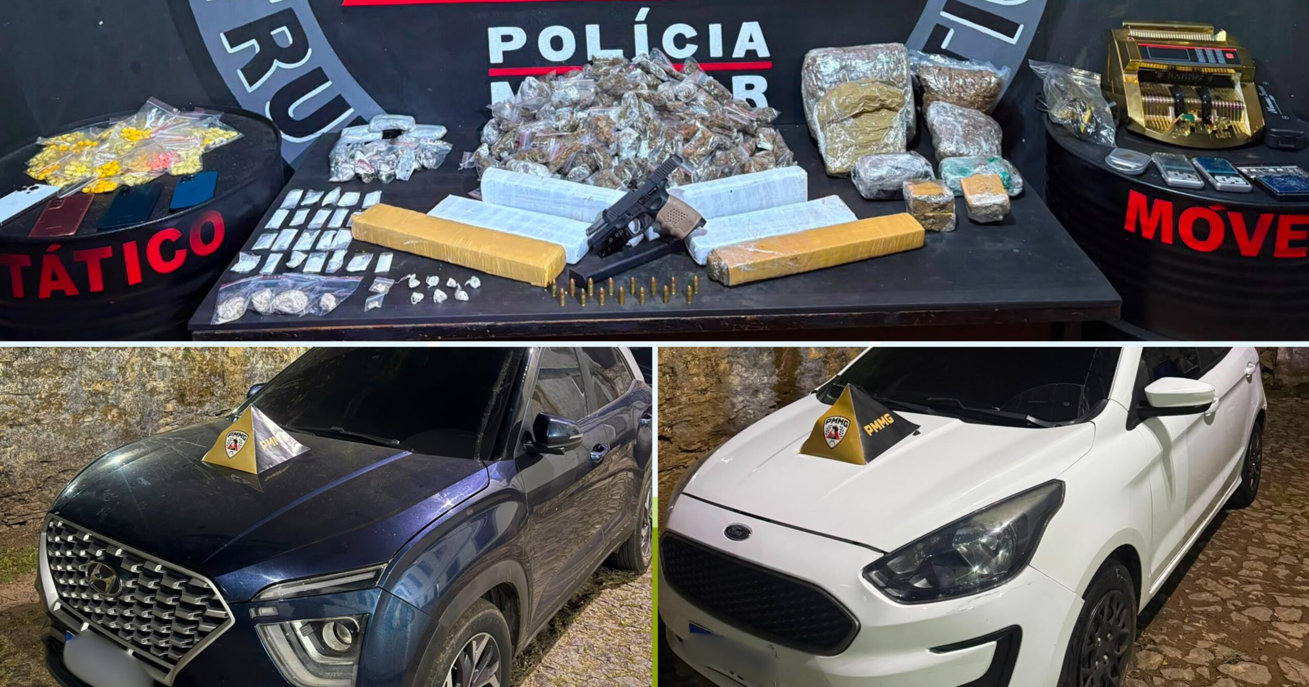 As diligências foram iniciadas após informações apontarem que um homem estaria utilizando um veículo com sinais de clonagem e mantendo envolvimento com o tráfico de drogas no município. Foto — Polícia Militar.