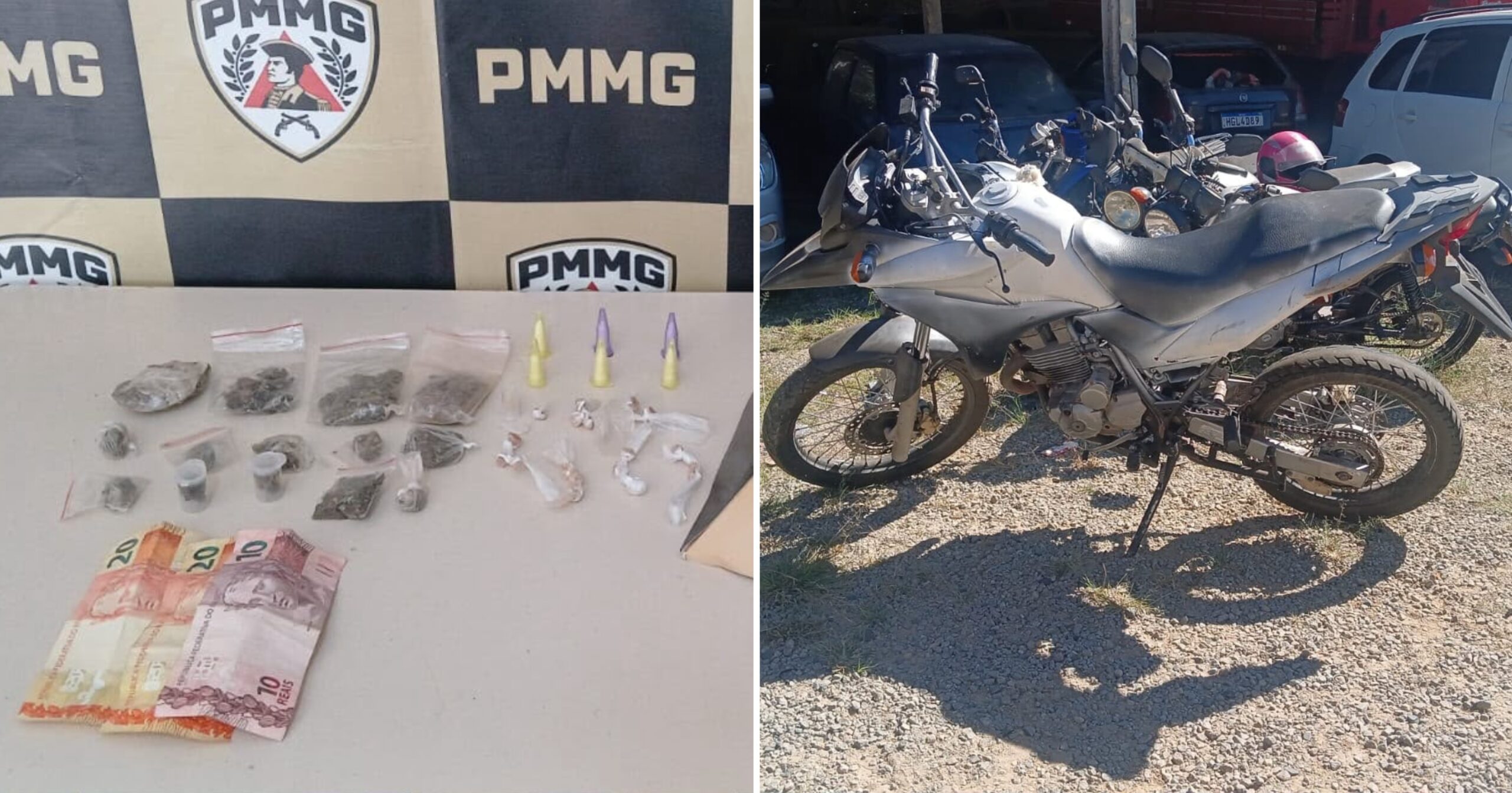 Polícia Militar encontrou entorpecentes, dinheiro e motocicleta com registro de furto durante ocorrência no bairro Padre Adelmo. Fotos — Polícia Militar.