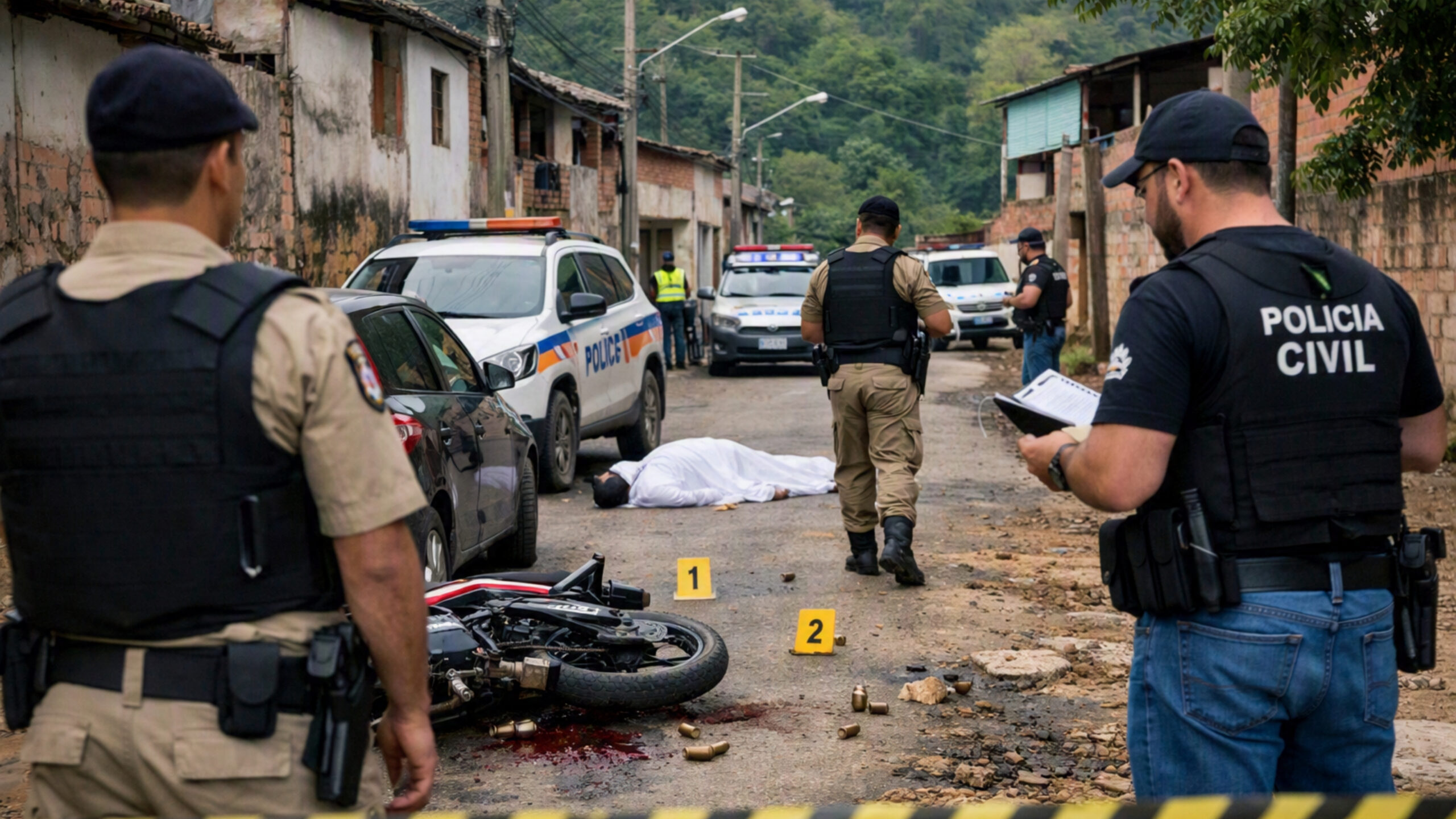 Ocorrência inicialmente comunicada como acidente de trânsito passou a ser tratada como homicídio após a localização das vítimas e de vestígios de munição calibre 9 mm. Foto — meramente ilustrativa / gerada com IA pelo Agito Mais.
